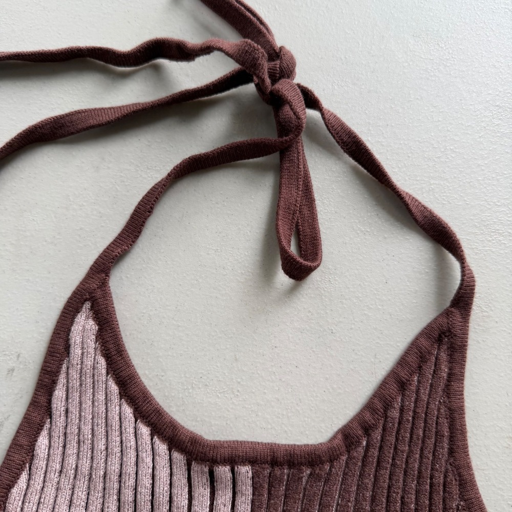 LA Hearts Women S Brown Tan Colorblock Ribbed Knit Halter Crop Top Boho Festival - Picture 7 of 12